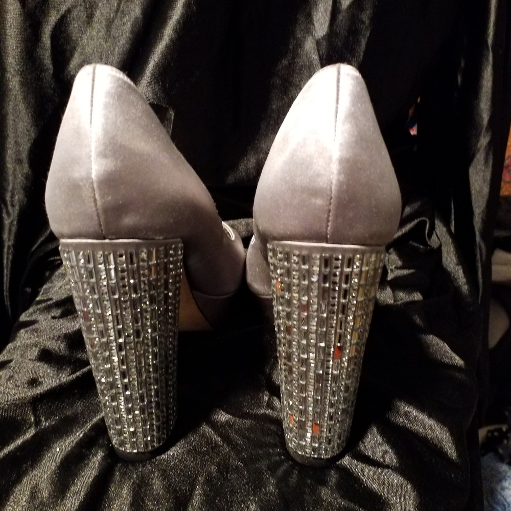 Pelle Moda Gray Heels with Silver Embellished Block Heels